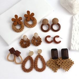 Rattan Weaved and Wooden Boho Earrings